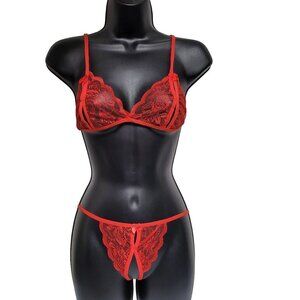 Sexy Lingerie Set Crotchless Panties Sheer Lace Thong Peekaboo Nipple Bra